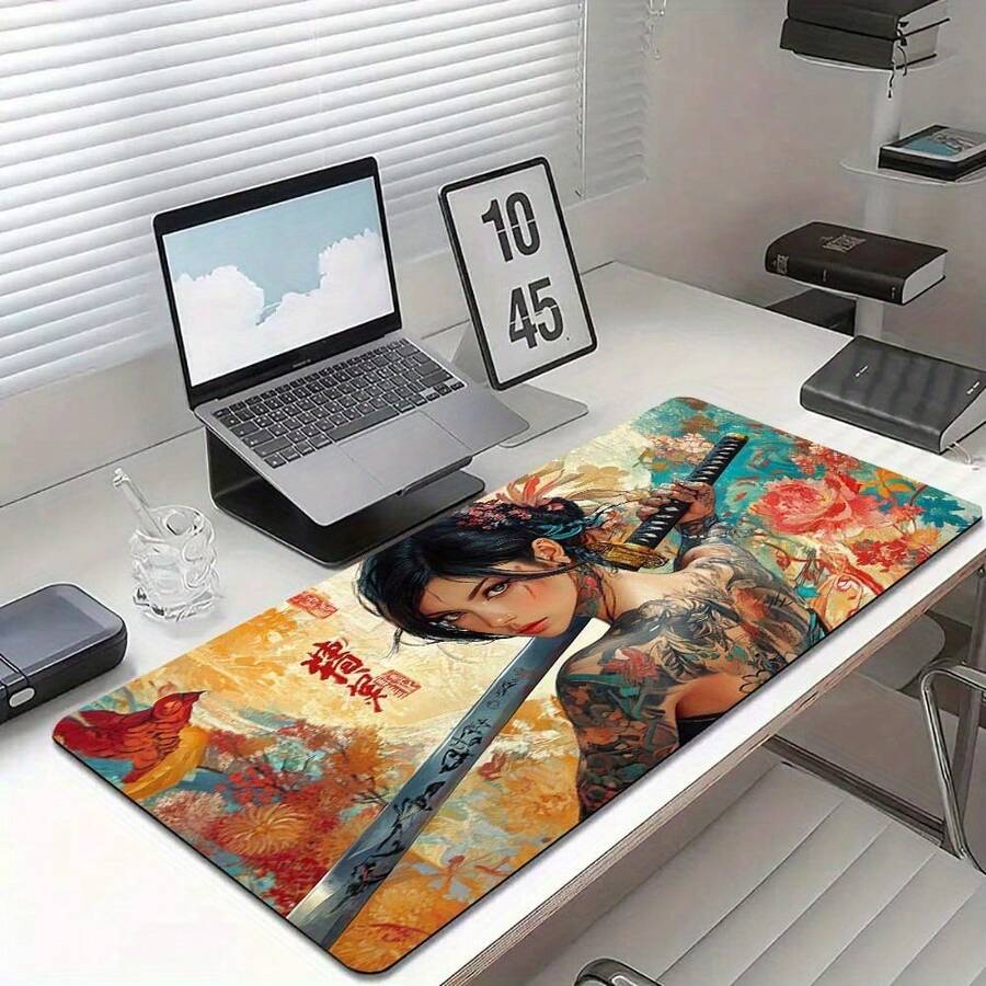 1pc Cartoon Style Tattoo Beauty Holding Sword Looking Back Pattern Game Mouse Pad Laptop Desktop Stitching Keyboard Office Home Study Casual Super Cool Large Mouse Pad - View 1
