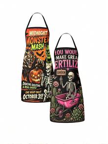 1pc/2pcs/4pcs New Linen Feel Halloween Skull Ghost Print Apron, Ghost Trick Or Treat Theme Apron, Lightweight Bib Apron For Halloween Party Dinner Cooking Costume - Multicolor - View 4