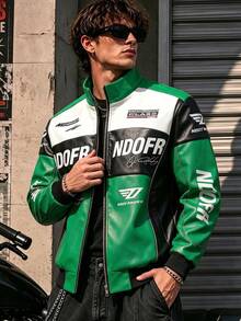 Men's Colorblock Racing Leather Jacket With Stand Collar, Zipper, Letter Print, Hip-Hop Street Style Motorcycle Riding Jacket, Suitable For Spring And Autumn - Army Green - View 3