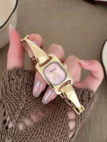 1pc Women's Elegant Gold Square Dial Quartz Watch, Rounded Design, Pink Dial, Minimalist Markings, Suitable For Daily Wear And Gifting - Gold - View 6
