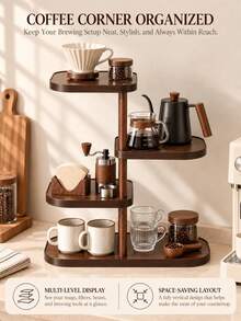 1pc Vintage Style 4-Tier Walnut Wood Storage Rack; Kitchen Coffee Cup Organizer; Living Room Glassware Storage Rack; Multi-Functional Countertop Storage Rack; Bathroom Cosmetics And Perfume Display Rack; Space-Saving Wine Glass And Mug Rack; Thickened, Sturdy, Durable Countertop Storage Solution - View 3