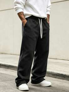 Men's Drawstring Waist Loose Casual Sports Pants, Suitable For Autumn/Winter/Spring - Black - View 1