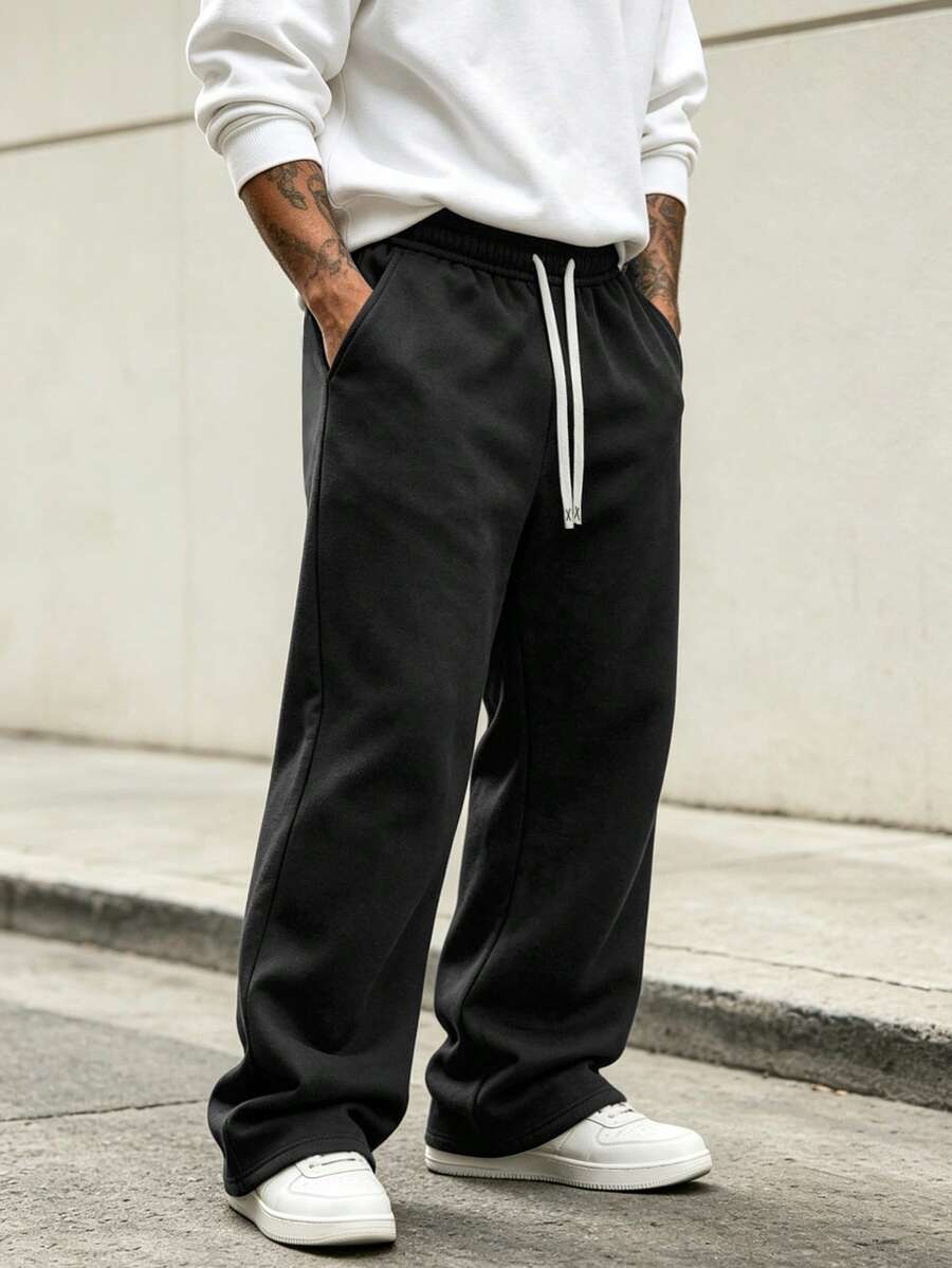 Men's Drawstring Waist Loose Casual Sports Pants, Suitable For Autumn/Winter/Spring - Black - View 1