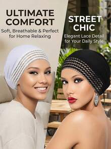 2/1pc Women's Solid Color Headscarf, Upgraded Lace Trim, Fashionable Versatile Hat, Casual Comfortable Daily Wear - Multicolor - View 3