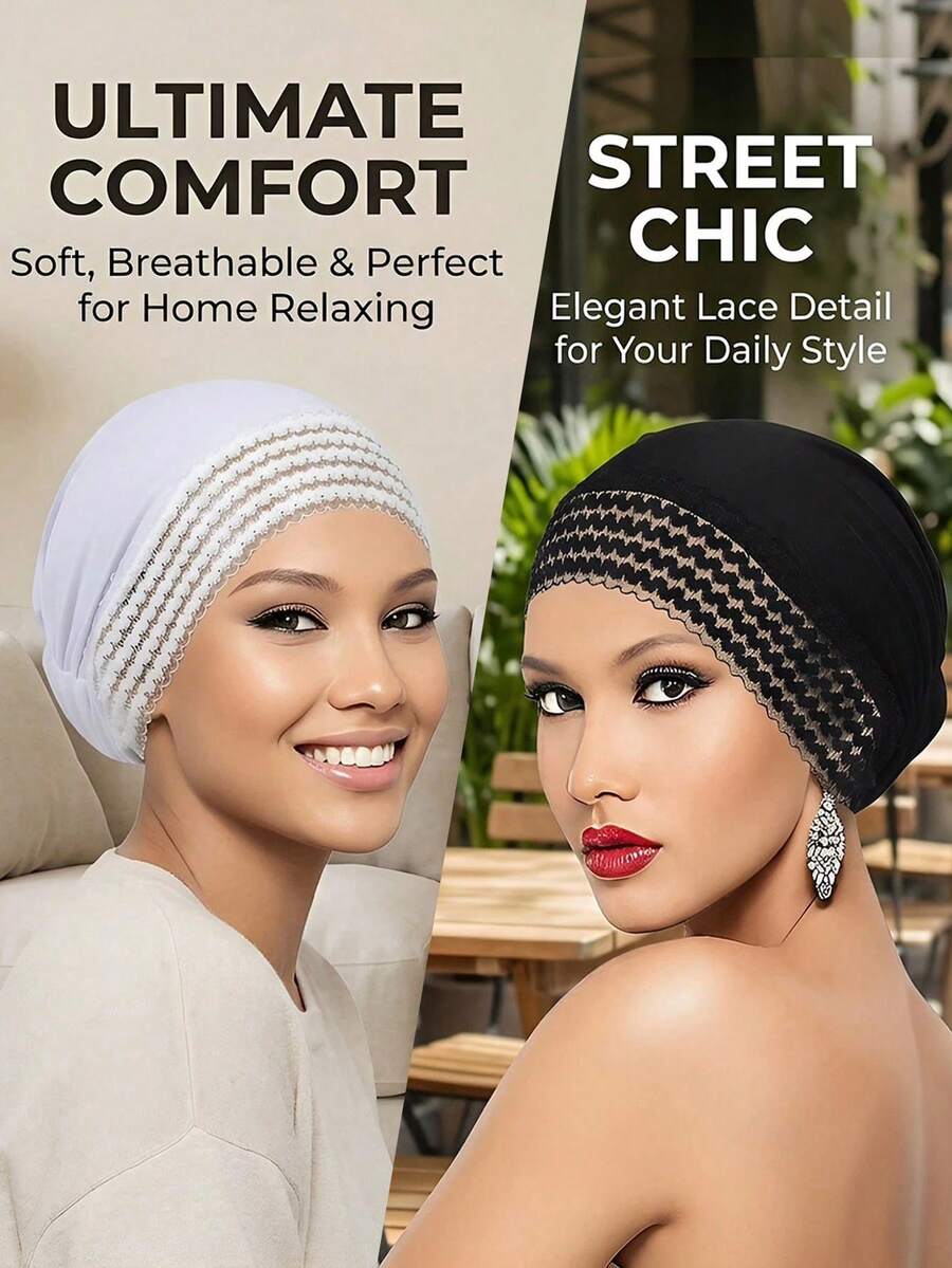 2/1pc Women's Solid Color Headscarf, Upgraded Lace Trim, Fashionable Versatile Hat, Casual Comfortable Daily Wear - Multicolor - View 1