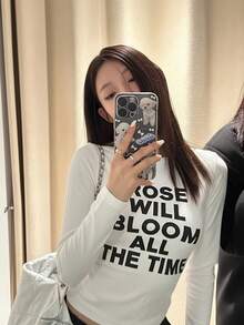 All-Match Versatile Black & White English Text Print Short Long Sleeve White T-Shirt, Slim Fit Elastic Inner Layer Outer Wear Sexy Girl Base Layer Autumn Top - White - View 7
