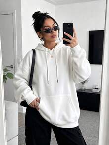 Women's White Loose Comfortable Hooded Sweatshirt, Warm Lining Drawstring Pullover, With Pockets, Suitable For Autumn/Winter Wear - White - View 4