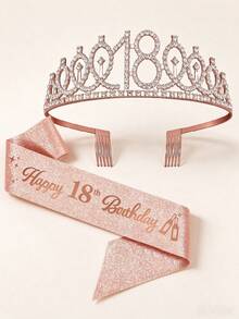 2 Pieces Set 18th Birthday Sash Ribbon Birthday Queen Crown Headwear Rhinestone Birthday Headband Birthday Sash With Pin Happy Birthday Crown And Sash Ribbon Birthday Party - 18 - View 4