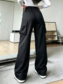 Women's Elastic Waist Wide Leg Cargo Pants, Casual Solid Color Multi-Pocket Loose Straight Leg Streetwear Long Pants - Black - View 3
