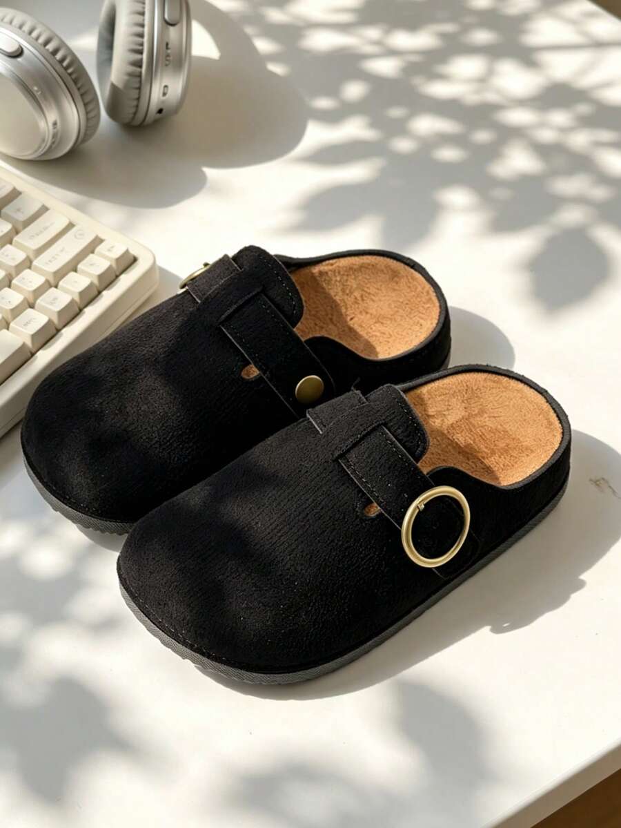 HAHABOBO Children's Black Solid Color Fabric Mule Slippers, Closed Toe Buckle Plastic Sole Casual Versatile Slippers For Boys And Girls - Black - View 1