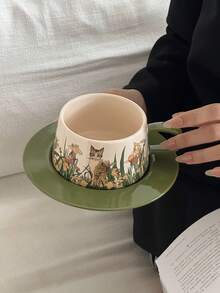 1pc French Vintage Pastoral Cat Theme Coffee Cup & Saucer, Niche Creative Ceramic Cup, Exquisite Afternoon Tea Small Cup & Saucer Set, Suitable For Restaurant, Afternoon Tea, Cafe - Multicolor - View 5