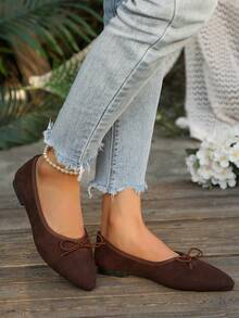 Women's Vintage Bow Pointed Toe Flat Shoes, Shallow Vamp Slip-On Commuter Versatile Shoes - Chocolate Brown - View 5