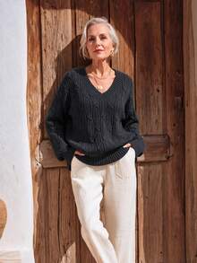 NZZOF Women's V-Neck Knit Sweater, Long Sleeve Loose Fit Solid Color Pullover Top, Autumn/Winter - Black - View 6