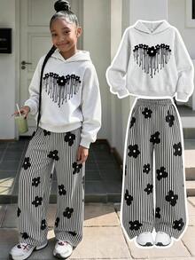Tween Girls Fashion Floral & Heart Print Hooded Sweatshirt With Floral Vertical Stripe All-Over Print Wide Leg Long Pants 2-Piece Set, Suitable For Spring, Autumn And Winter Wear - Light Grey - View 1