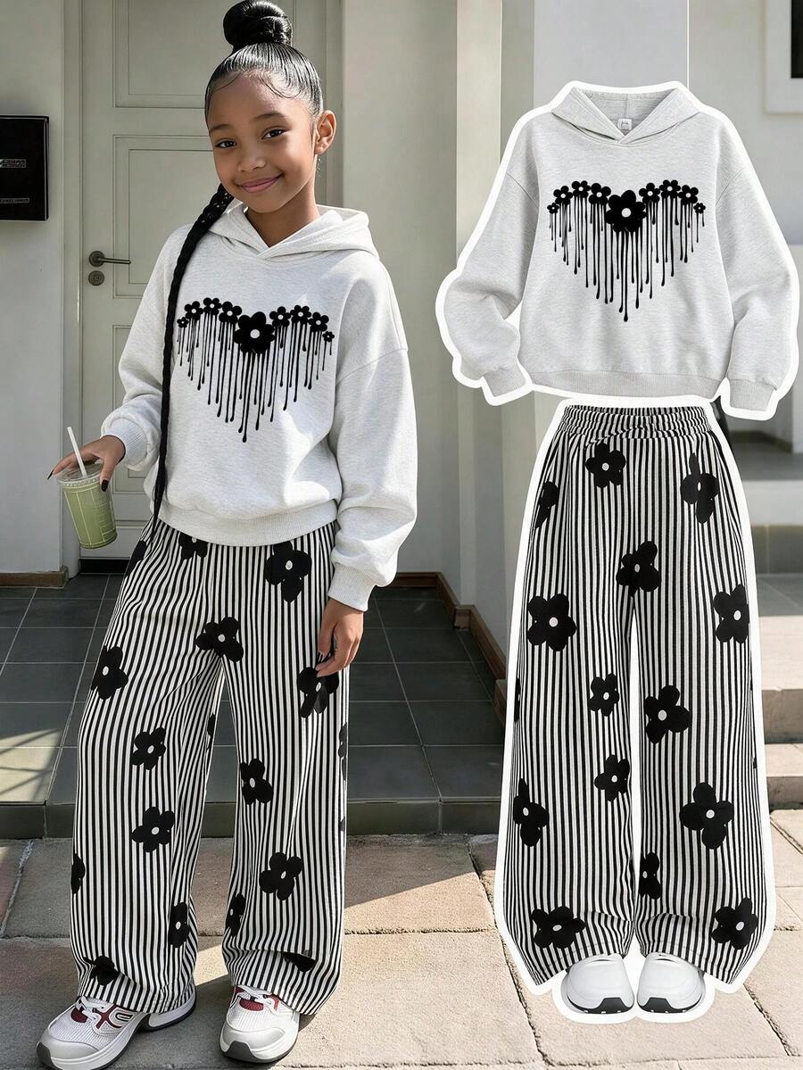Tween Girls Fashion Floral & Heart Print Hooded Sweatshirt With Floral Vertical Stripe All-Over Print Wide Leg Long Pants 2-Piece Set, Suitable For Spring, Autumn And Winter Wear - Light Grey - View 1