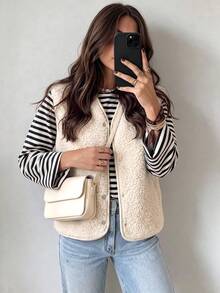 Women's Solid Color Casual Versatile Daily Wear Vest Jacket - Apricot - View 3