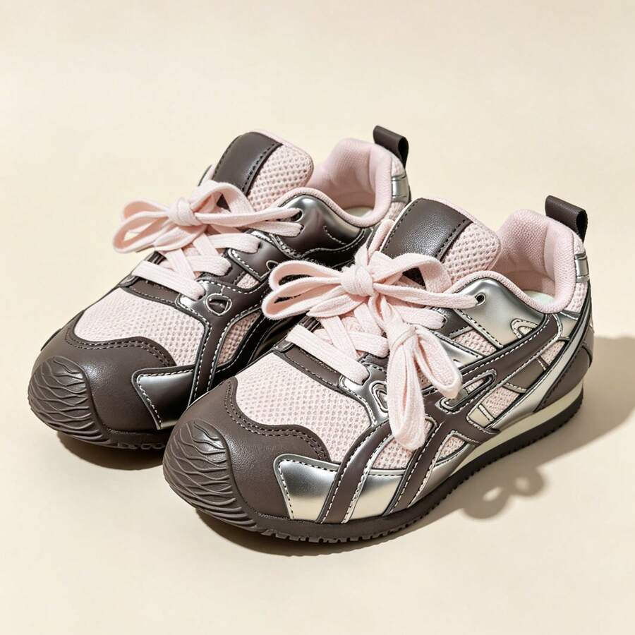Unisex Kids' Sports Shoes, Breathable Round Toe Design, PVC Synthetic Leather Upper, European Fit Comfortable, Fabric Lining Lace-Up Casual Shoes, Suitable For Daily School, Running, Outdoor Activities, Kids' Spring, Summer, Autumn Choice, Simple & Versatile Style, Comfortable & Lightweight, Non-Oppressive On Instep - Pink - View 1