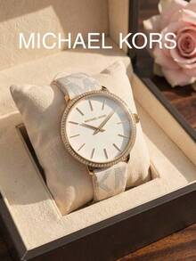 MICHAEL KORS MK1037 Pyper Series Women's Quartz Watch, Gold Case With Rhinestone Bezel, White Dial, MK Logo Print Strap, Two-Hand Minimalist Luxury Women's Watch - White - View 8