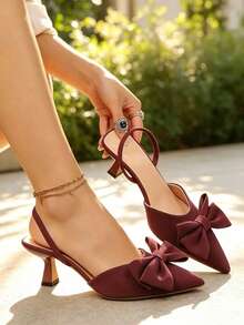 2026 New French Bow Pointed Toe High Heel Sandals, Elegant Lady Pumps, Wine Red, Size 36-43 - Burgundy - View 1