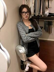 女款圓領針織開襟衫 寬鬆慵懶顯瘦短版外套上衣 - 深灰色 - 查看 7