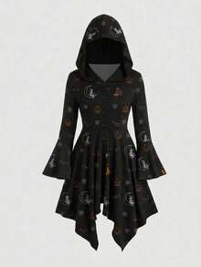 Women's Halloween Witch Pumpkin Print Hooded Mini Dress, Bell Sleeve Single-Breasted Asymmetrical Hem Gothic Party Outfit - Black - View 3
