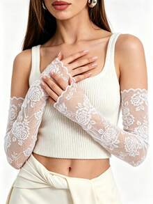 1 Pair Solid Color Vintage Rose Embroidered Lace Rhinestone Arm Sleeves, Mesh Long Fingerless Sleeve Covers, Ball Gown Dress Matching Accessory - Multicolor - View 19