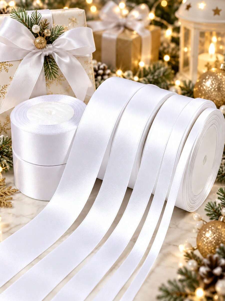 1 Roll 25 Yards Multi-Size White Christmas Solid Color Single-Sided Polyester Satin Ribbon, Gift Box Packaging Ribbon, Candy Box, Cake Box, Flower Decoration Ribbon, DIY Decoration Ribbon, Wedding, Party, Christmas Decoration Ribbon - White - View 1