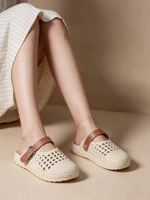 Women's Summer Hollow-Out Clogs, Closed-Toe Hollow-Out Sandals, Fashionable Slippers, Non-Slip Soft Sole Beach Casual Shoes - Apricot - View 7