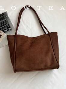 low tea 1pc Minimalist Suede Fabric Shoulder Tote Bag, Suitable For Commuting, Shopping, Etc. (With Pendant) - Coffee - View 5