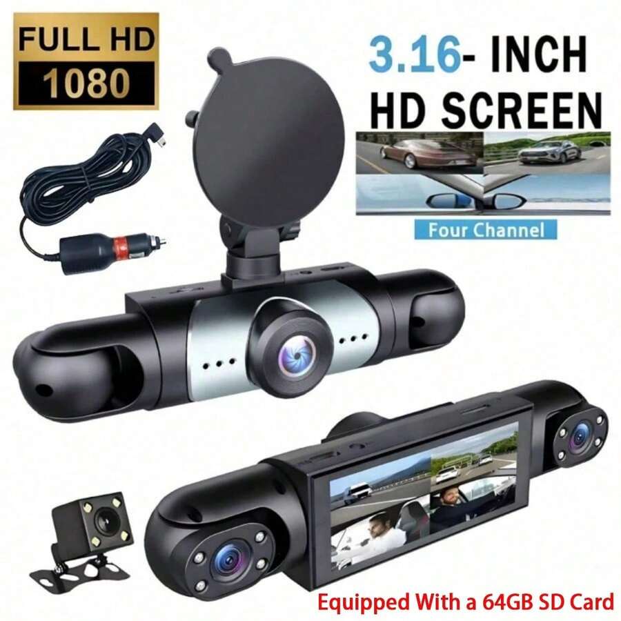4 Channel 360° Panoramic Dash Cam For Cars, Equipped With Front, Rear & Interior Cameras, Built-In Night Vision, 24H Parking Monitoring & Loop Recording Function, Universal For Most Car With 150mAh Built-In Rechargeable Battery - Dash Cam - View 1