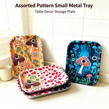DOWMOO Cute Printed Metal Rolling Tray, Assorted Patterns Decorative Storage Tray, Small Rectangle Metal Plate For Desktop, Kitchen Counter, Jewelry, Snack, Trinket Organizer, Mushroom Heart Cherry Spider Web Eye Art Pattern, Home Table Decor Gift - Printed Small Tray - View 3