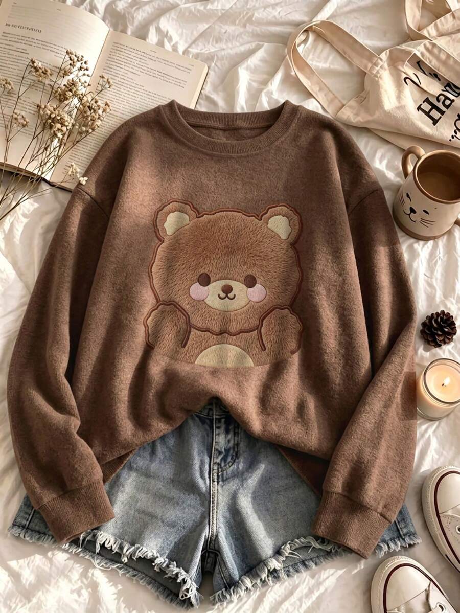 Women's Plus Size Pullover Sweater, Cute Bear Pattern, Long Sleeve Round Neck Pullover Sweater, Warm And Fashionable Choice For Autumn/Winter - Brown - View 1