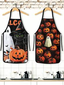 1pc/2pcs/4pcs Halloween Welcome Theme Printed Apron, Black Cat Witch Hat Skull Crow Pumpkin Pattern Bib Apron, Waterproof Oilproof Easy To Clean Apron, Adjustable Neck Strap Apron For Home Baking & Halloween Decor - Multicolor - View 2