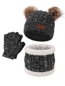 3pcs Kids Double Pom Pom Warm Cable Knit Hat & Scarf Set With Thermal Lining, Suitable For 3-8y Boys & Girls Daily Wear - Black Grey - View 3