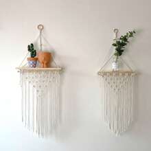 1pc Bohemian Style Macrame Wall Hanging With Wooden Board And Tassels, Handmade Woven Minimalist Shelf Wall Decor - Without Plants And Accessories - Beige - View 3