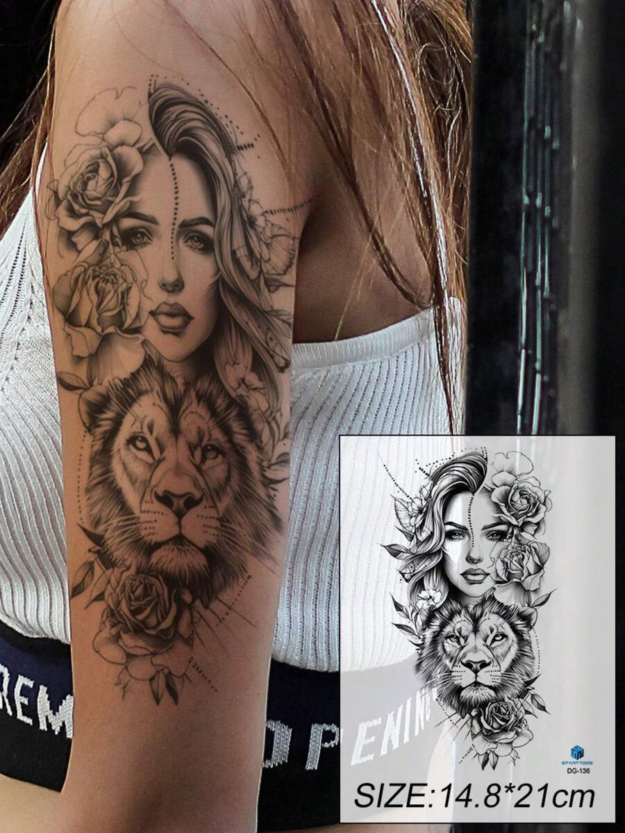 1pc Black Ins Style Portrait Lion Floral Pattern Party Gift DIY Holiday Gift Music Festival Temporary Waterproof Tattoo Sticker For Arm Waist Abdomen Leg - Black - View 1