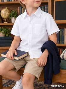 Young Boy Classic College Style Pocketed White Short Sleeve Shirt For Formal Events, Parties, Performances - White - View 1