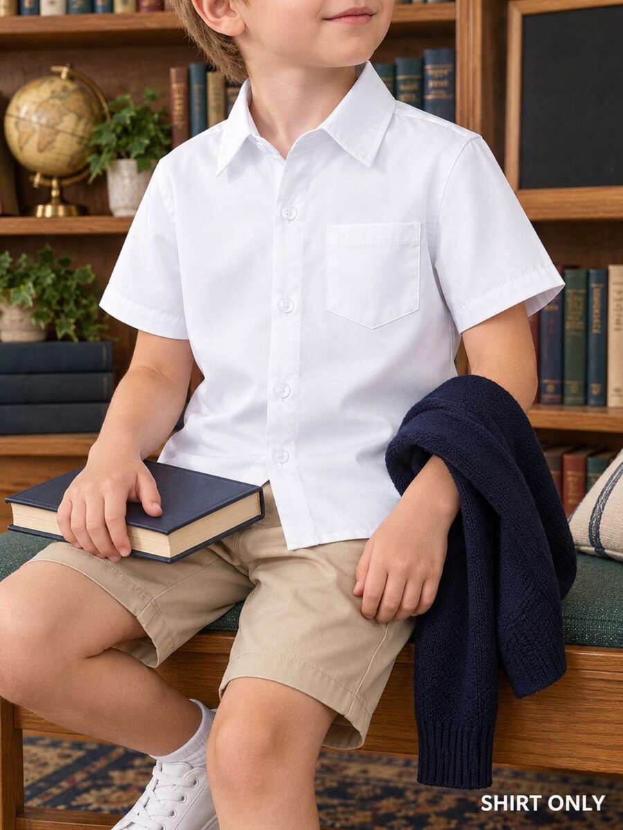 Young Boy Classic College Style Pocketed White Short Sleeve Shirt For Formal Events, Parties, Performances - White - View 1
