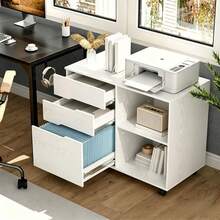 Archivador de 3 cajones, Organizador Lateral de Madera con Ruedas, Soporte para Impresora y estantes Abiertos para Oficina en casa, organización Debajo del computadora, Color Blanco OEUI - Blanco - Ver 2