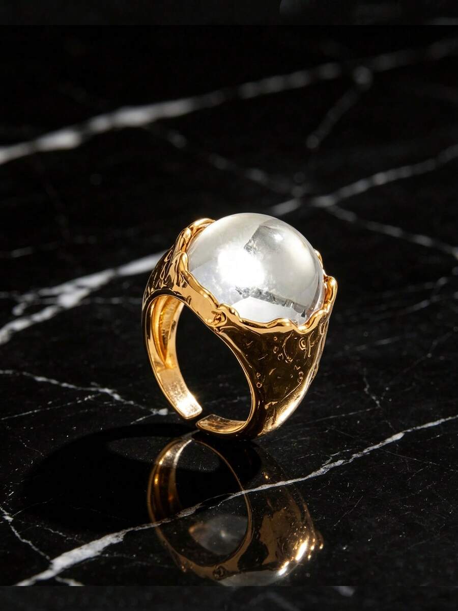 SEEKGLEE Round White Gemstone With Gold Metal Geometric Ring, Suitable For Women's Daily Wear, Ring Accessory, Holiday Gift - Gold Ring - View 1