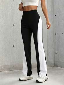 Hidkat Women's Fashion Solid Color Patchwork High Waist Elastic Tight Fit Yoga Casual Sports Knit Long Pants - Black and White - View 4