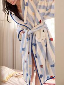 Gongdie Women Miffy Hooded Fleece Long Robe,Winter Blue Striped Soft Thick Loungewear With Belt And Pocket - Blue and White - View 4