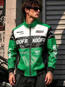 Men's Colorblock Racing Leather Jacket With Stand Collar, Zipper, Letter Print, Hip-Hop Street Style Motorcycle Riding Jacket, Suitable For Spring And Autumn - Army Green - View 2