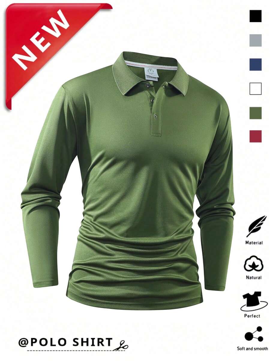 Men's Sports Long Sleeve Polo Shirt T-Shirt Suitable For Daily Wear, Commuting And Work - Army Green - View 1