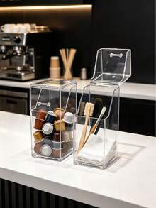 Clear Acrylic Flip‑Lid Dispenser Storage Box, Dust‑Proof Countertop Organizer For Coffee Shop Bar, Suitable For Straws, Coffee Capsules, Desktop Storage Container For Home & Commercial Use - Multicolor - View 3