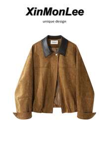 Korean Style Elegant Design Patchwork Contrast Color Plaid Suede Fleece Padded Short Jacket For Women, Suitable For Winter Travel, Casual And Vacation - Brown - View 1