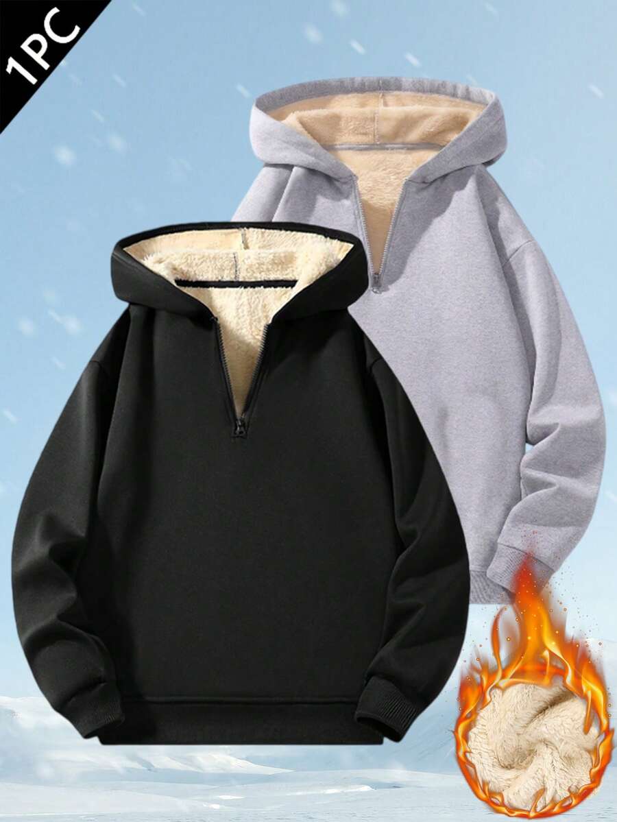 Women's Winter Fleece Half-Zip Hooded Sweatshirt, Warm Sports Top, Suitable For Running, Cycling, Basketball, Gym Workout And Casual Wear - Black - View 1