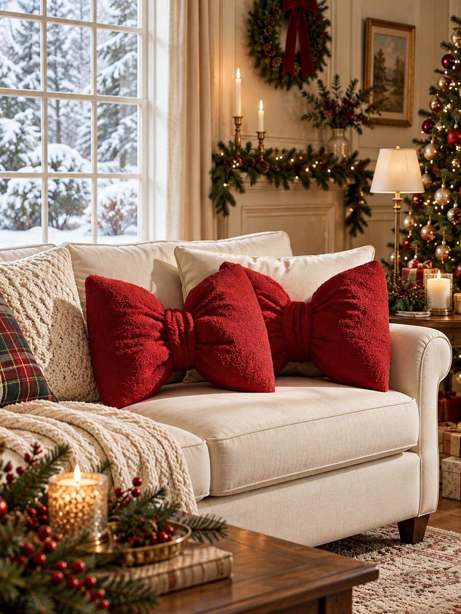 1pc Red Bow Shaped Decorative Pillow, Textured Knot Design Festive Accent Cushion For Christmas Holiday Sofa, Bedroom, Living Room And Seasonal Home Decor - Red - View 1