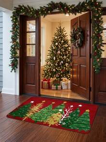 1pc 2D Flat Cute Christmas Tree Pattern Door Mat, Velvet Material, Machine Washable Comfortable Carpet, Suitable For Bathroom Decor, Bedroom Decor, Living Room Decor, Laundry Room And Other Areas, Thanksgiving/Christmas Gift - A - View 3