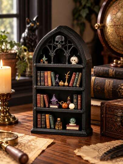1pc Large Dark Gothic Style Mini Bookshelf, Vintage Church Arch Design With Skull Carving, Mysterious Atmosphere. Three-Layer Structure, Can Store Mini Ornaments And Jewelry, Both A Practical Storage Rack And A Dark-Themed Home Decor Piece, Creating A Unique Niche Aesthetic Space. Room Decor Aesthetic, Autumn Home Decor, Christmas Home Decor, Home Decor And Accessories, Office Decor, Girl Birthday Decor, Home , Decor Style, Kitchen Decor, 2026 Christmas Decorations, Apartment Essentials